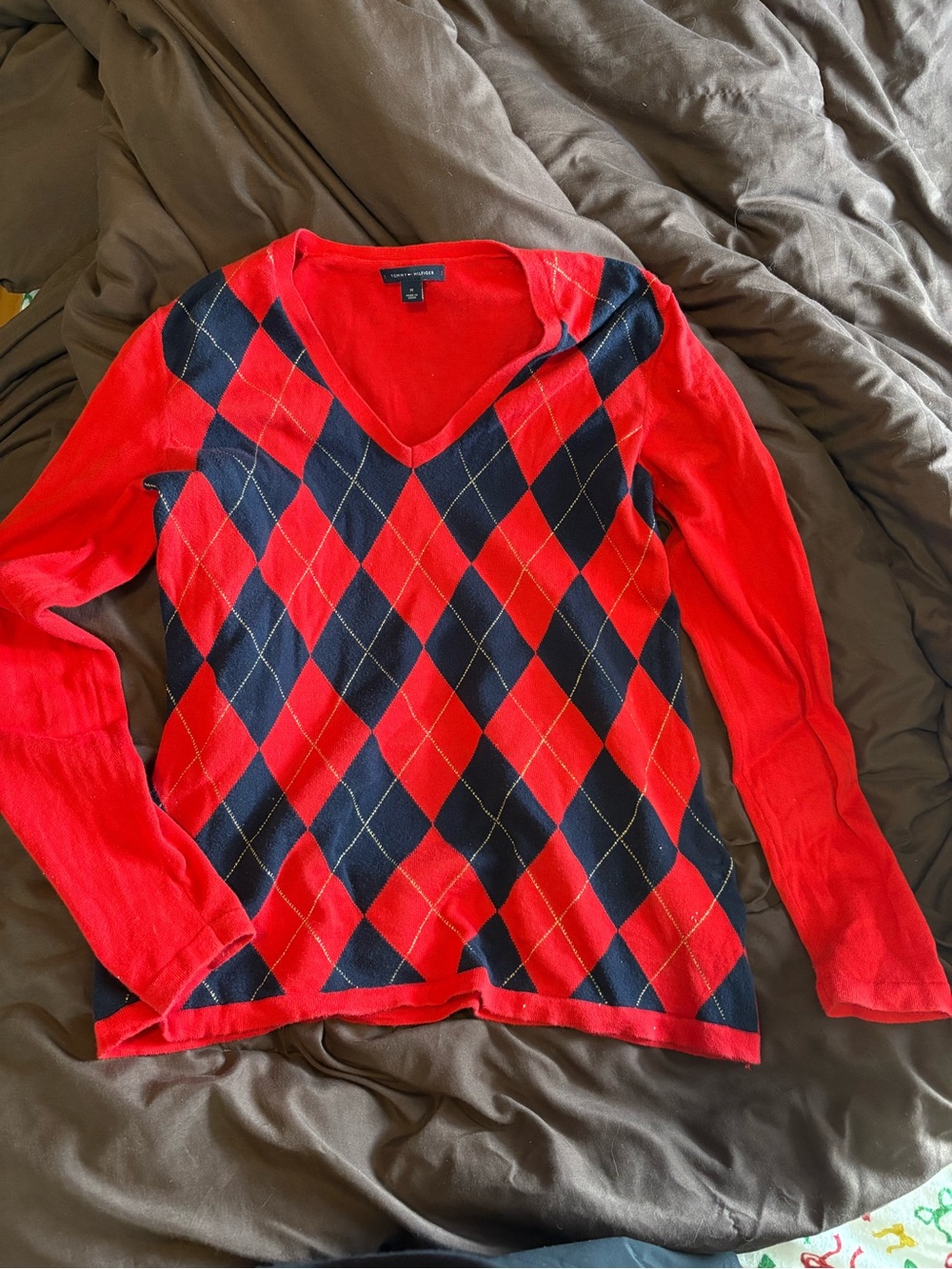 Vince Red & Navy Argyle V-Neck Sweater